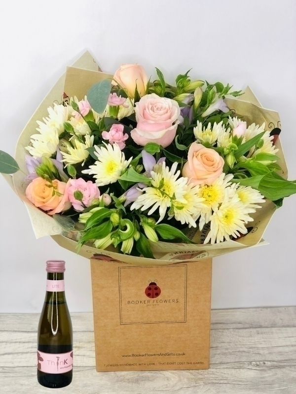<h2>Beautiful Birthday Bouquet and Prosecco - Hand Delivered</h2>
<br>
<ul>
<li>Approximate Dimensions: 50cm x 30cm</li>
<li>Flowers arranged by hand and gift wrapped in our signature eco-friendly packaging and finished off with a hidden wooden ladybird</li>
<li>To give you the best occasionally we may make substitutes</li>
<li>Our flowers backed by our 7 days freshness guarantee</li>
<li>For delivery area coverage see below</li>
</ul>
<br>
<h2>Flower Delivery Coverage</h2>
<p>Our shop delivers flowers to the following Liverpool postcodes L1 L2 L3 L4 L5 L6 L7 L8 L11 L12 L13 L14 L15 L16 L17 L18 L19 L24 L25 L26 L27 L36 L70 If your order is for an area outside of these we can organise delivery for you through our network of florists. We will ask them to make as close as possible to the image but because of the difference in stock and sundry items it may not be exact.</p>
<br>
<h2>Hand-tied Bouquet | Flowers in box with water</h2>
<p>These beautiful pastel flowers hand-arranged by our professional florists into a hand-tied bouquet are combined with a Miniature ThinK Sparkling Rose are a delightful choice to celebrate a Birthday or other special occasion.</p>
<br>
<p>Handtied bouquets are lovely display of fresh flowers that have the wow factor. The advantage of having a bouquet made this way is that they are artfully arranged by our florists and tied so that they stay in the display.</p>
<br>
<p>They are then gift wrapped and aqua packed in a water bubble so that at no point are the flowers out of water. This means they look their very best on the day they arrive and continue to delight for days after.</p>
<br>
<p>Being delivered in a transporter box and in water means the recipient does not need to put the flowers in a vase straight away they can just put them down and enjoy.</p>
<br>
<p>Featuring 1 pink large-headed rose, 3 peach large-headed roses, 3 lilac freesia, 3 pink spray carantions, 3 white alstroemeria, 3 delianne chrysanthemums hand-arranged with mixed seasonal foliages. Together with a 200ml Bottle of ThinK Pink Pinot Grigio Sparkling Rosé  which is Organic And Vegan.</p>
<br>
<h2>Eco-Friendly Liverpool Florists</h2>
<p>As florists we feel very close earth and want to protect it. Plastic waste is a huge problem in the florist industry so we made the decision to make our packaging eco-friendly.</p>
<p>To achieve this we worked with our packaging supplier to remove the lamination off our boxes and wrap the tops in an Eco Flowerwrap which means it easily compostable or can be fully recycled.</p>
<p>Once you have finished enjoying your flowers from us they will go back into growing more flowers! Only a small amount of plastic is used as a water bubble and this is biodegradable.</p>
<p>Even the sachet of flower food included with your bouquet is compostable.</p>
<p>All our bouquets have small wooden ladybird hidden amongst them so do not forget to spot the ladybird and post a picture on our social media pages to enter our rolling competition.</p>
<br>
<h2>Flowers Guaranteed for 7 Days</h2>
<p>Our 7-day freshness guarantee should give you confidence that we will only send out good quality flowers.</p>
<p>Leave it in our hands we will create a marvellous bouquet which will not only look good on arrival but will continue to delight as the flowers bloom.</p>
<br>
<h2>Liverpool Flower Delivery</h2>
<p>We are open 7 days a week and offer advanced booking flower delivery same-day flower delivery 3-hour flower delivery. Guaranteed AM PM or Evening Flower Delivery and also offer Sunday Flower Delivery.</p>
<p>Our florists deliver in Liverpool and can provide flowers for you in Liverpool Merseyside. And through our network of florists can organise flower deliveries for you nationwide.</p>
<br>
<h2>The Best Florist in Liverpool your local Liverpool Flower Shop</h2>
<p>Come to Booker Flowers and Gifts Liverpool for your beautiful flowers and plants. For that bit of extra luxury we also offer a lovely range of finishing touches such as wines champagne locally crafted Gin and Rum Vases Scented Candles and Chocolates that can be delivered with your flowers.</p>
<p>To see the full range see our extras section.</p>
<p>You can trust Booker Flowers and Gifts of delivery the very best for you.</p>
<p><br /><br /></p>
<p><em>5 Star review on Yell.com</em></p>
<br>
<p><em>Thank you Gemma for your fabulous service. The flowers are of the highest quality and delivered with a warm smile. My sister was delighted. Ordering was simple and the communications were top-notch. I will definitely use your services again.</em></p>